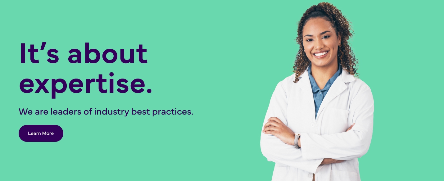 The image shows a Doctor. The text reads, "It's about expertise. We are leaders in industry best practices." There is a "Learn More" button at the bottom left.