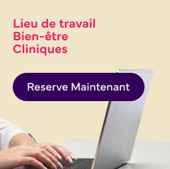 Image d'une personne travaillant sur un ordinateur portable avec lecture de texte : « Solutions de bien-être » et un bouton « Réserver maintenant ».