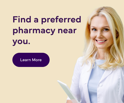 A picture of a pharmacist with text reading: 'Find a preferred pharmacy near you with Learn more button."