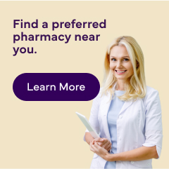 A picture of a pharmacist with text reading: 'Find a preferred pharmacy near you with Learn more button."