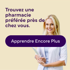 Une photo d'un pharmacien avec le texte suivant : "Trouvez une pharmacie préférée près de chez vous avec le bouton En savoir plus."