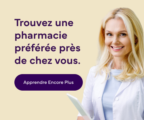 Une photo d'un pharmacien avec le texte suivant : "Trouvez une pharmacie préférée près de chez vous avec le bouton En savoir plus."